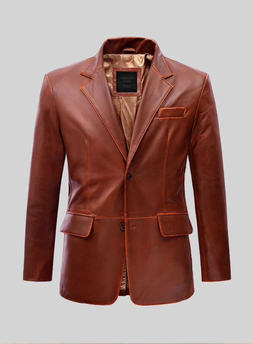 Rubbed Tan Brown Leather Blazer - StudioSuits