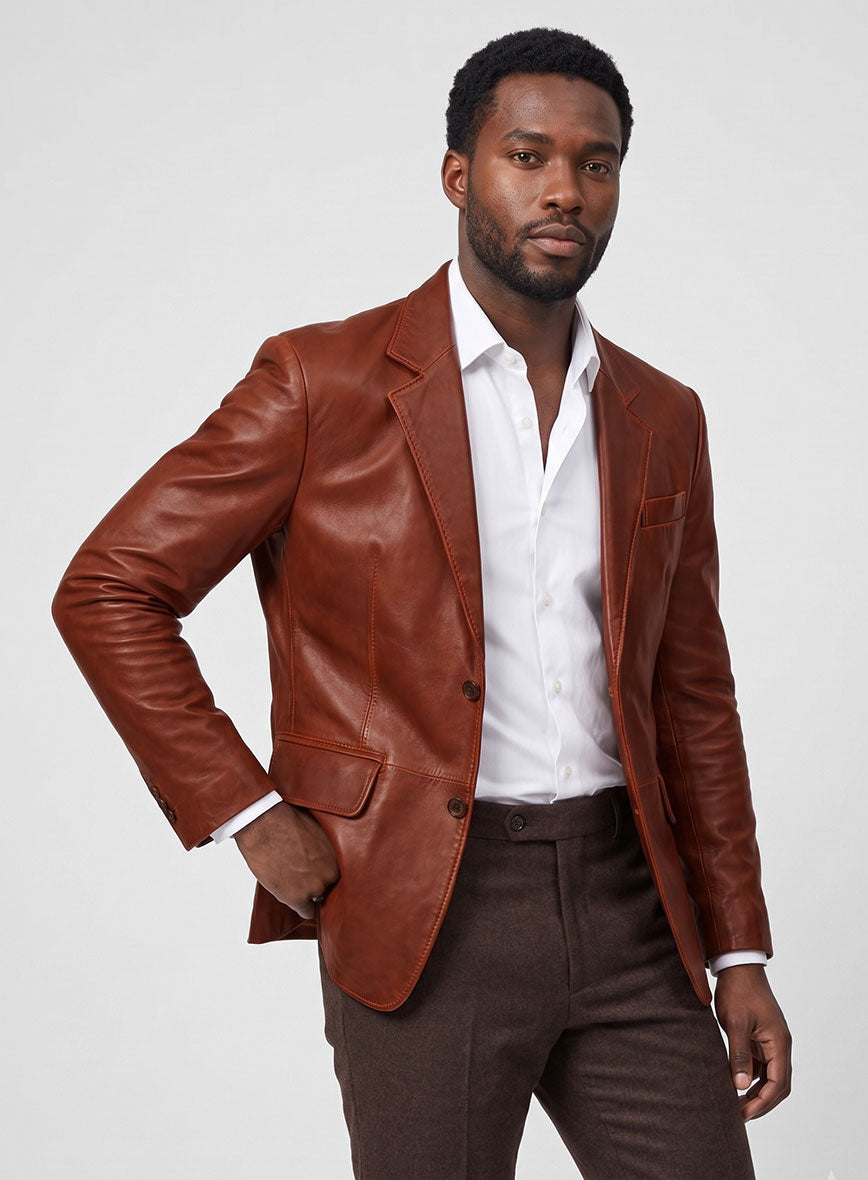 Rubbed Tan Brown Leather Blazer - StudioSuits