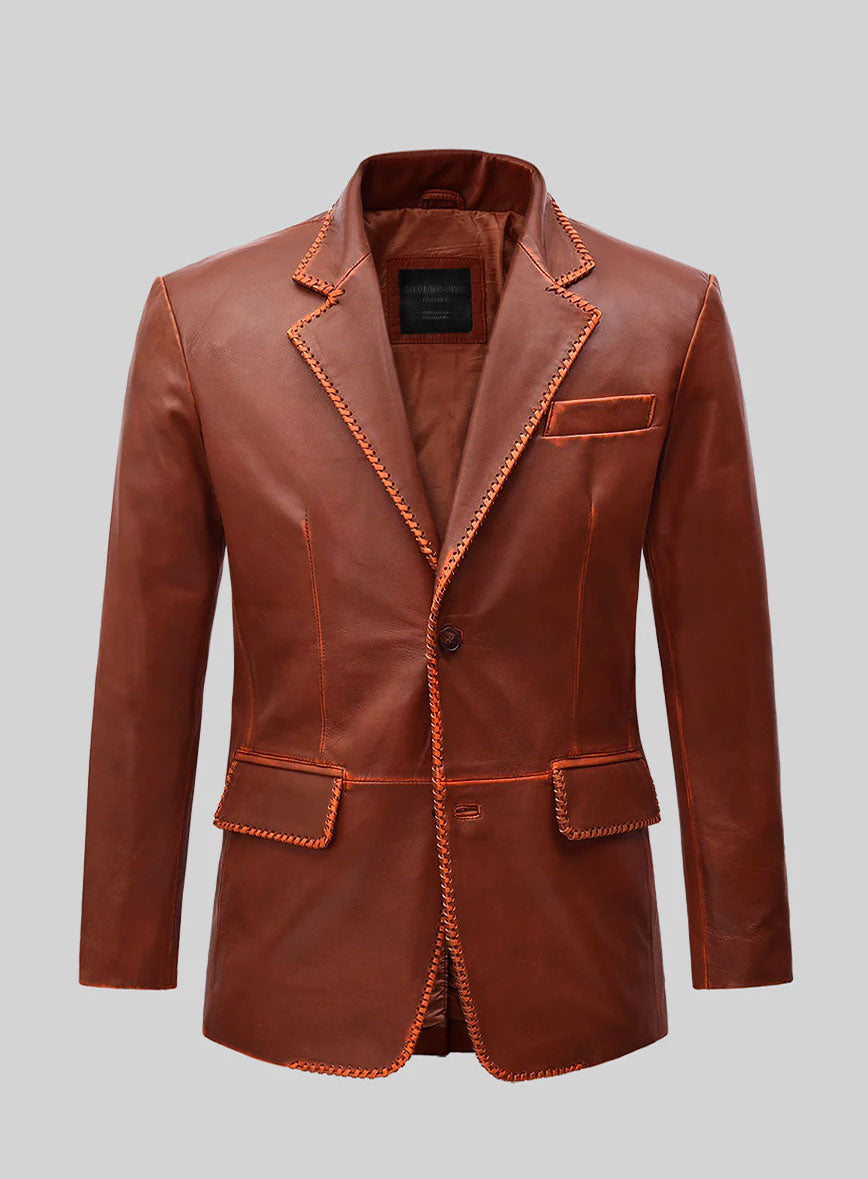 Rubbed Tan Brown Medieval Leather Blazer - StudioSuits