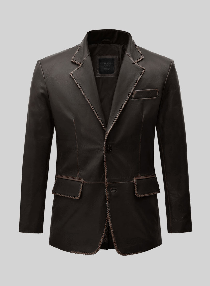 Rubbed Brown Medieval Leather Blazer - StudioSuits