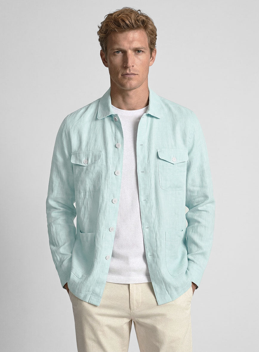 Safari Lagoon Mist Pure Linen Overshirt - StudioSuits