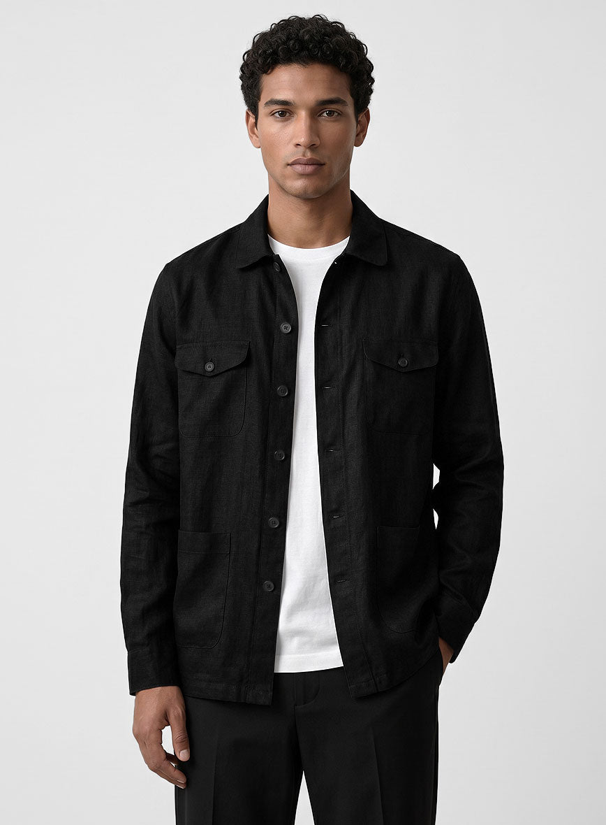 Safari Pure Black Linen Overshirt - StudioSuits