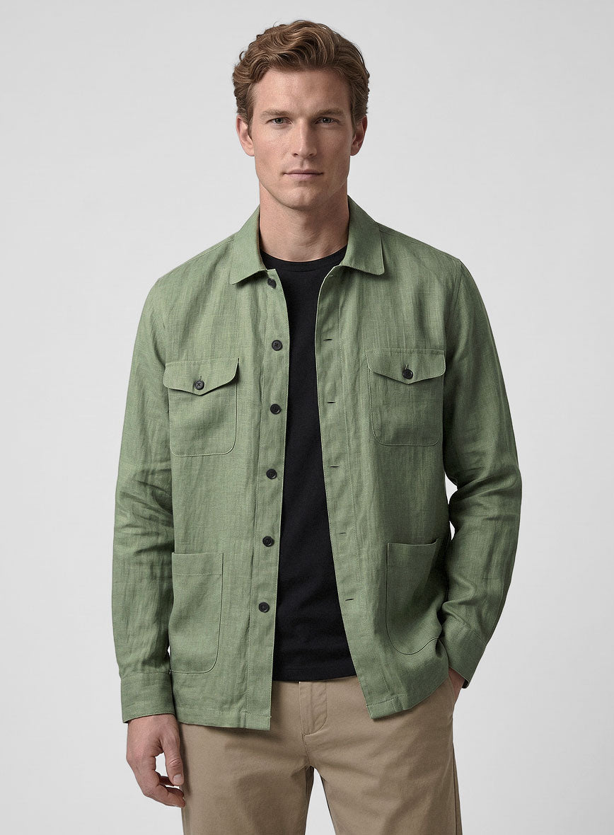 Safari Sage Green Pure Linen Overshirt - StudioSuits