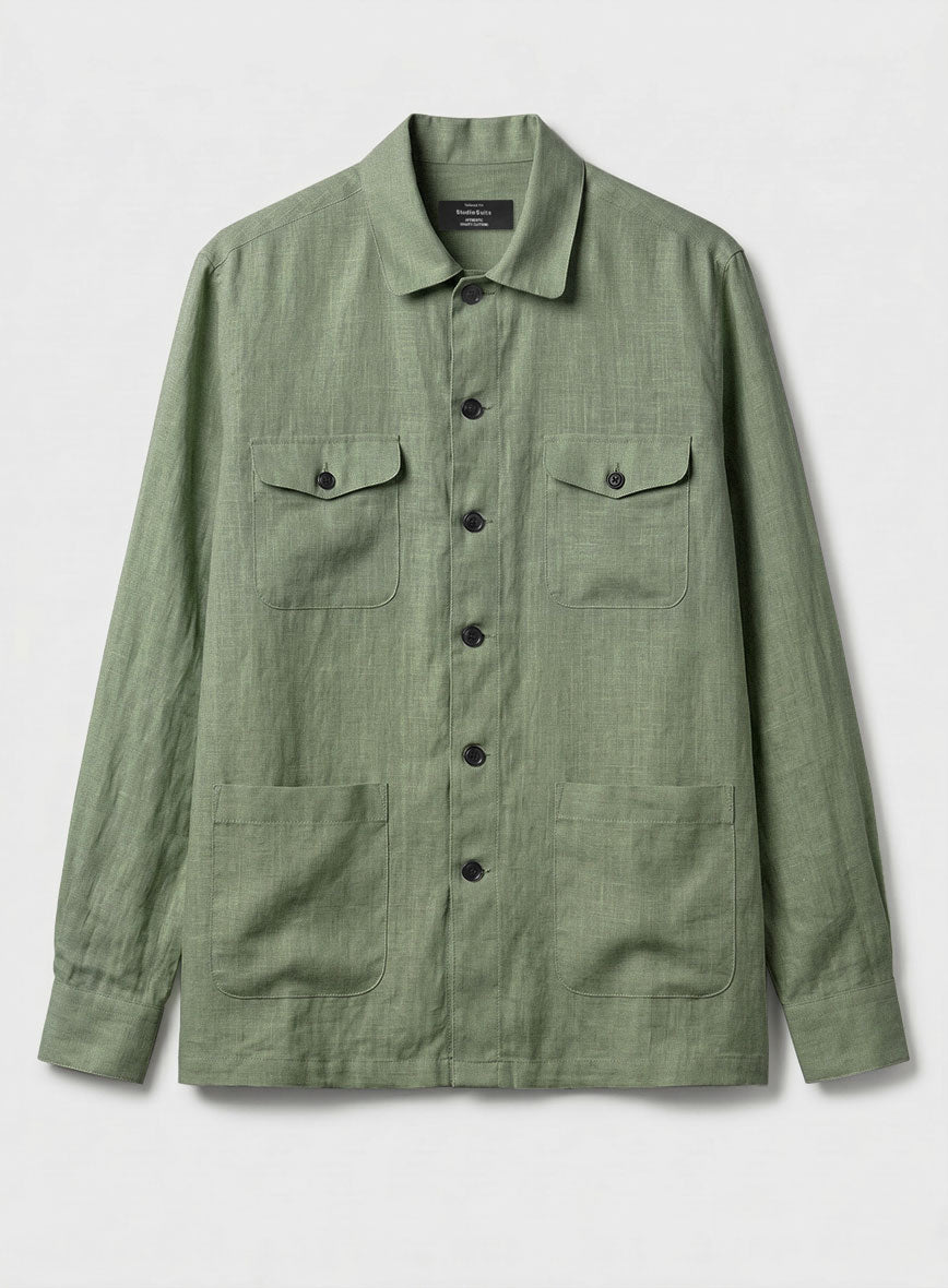 Safari Sage Green Pure Linen Overshirt - StudioSuits
