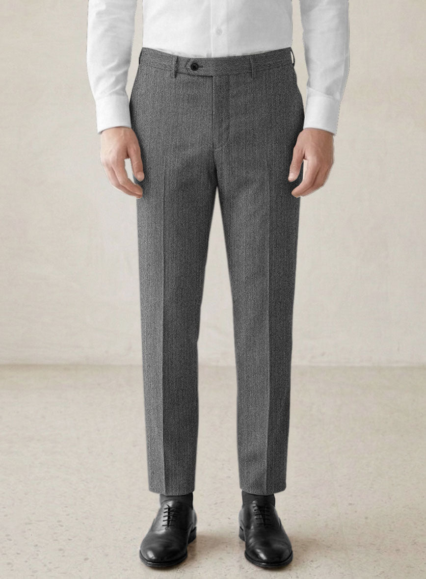 Scabal Lauchi Herringbone Gray Wool Pants - StudioSuits