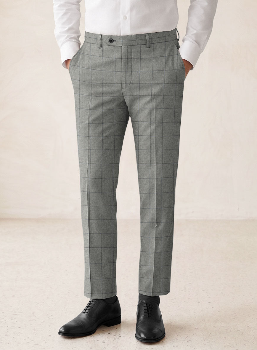 Scabal Londoner Windowpane Light Gray Wool Pants - StudioSuits