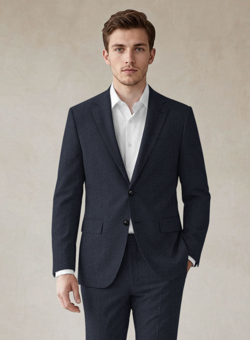 Scabal Qoiel Herringbone Blue Wool Suit - StudioSuits