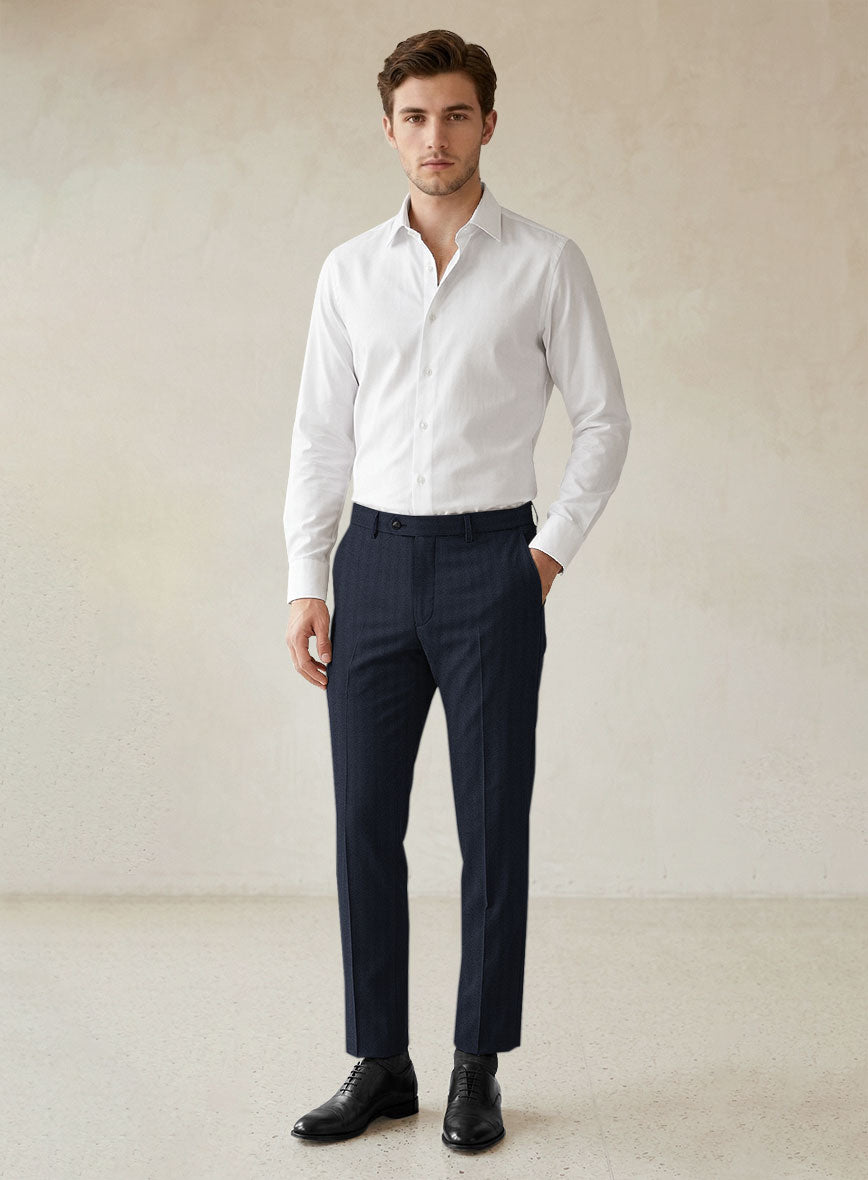 Scabal Somaz Herringbone Blue Wool Pants - StudioSuits