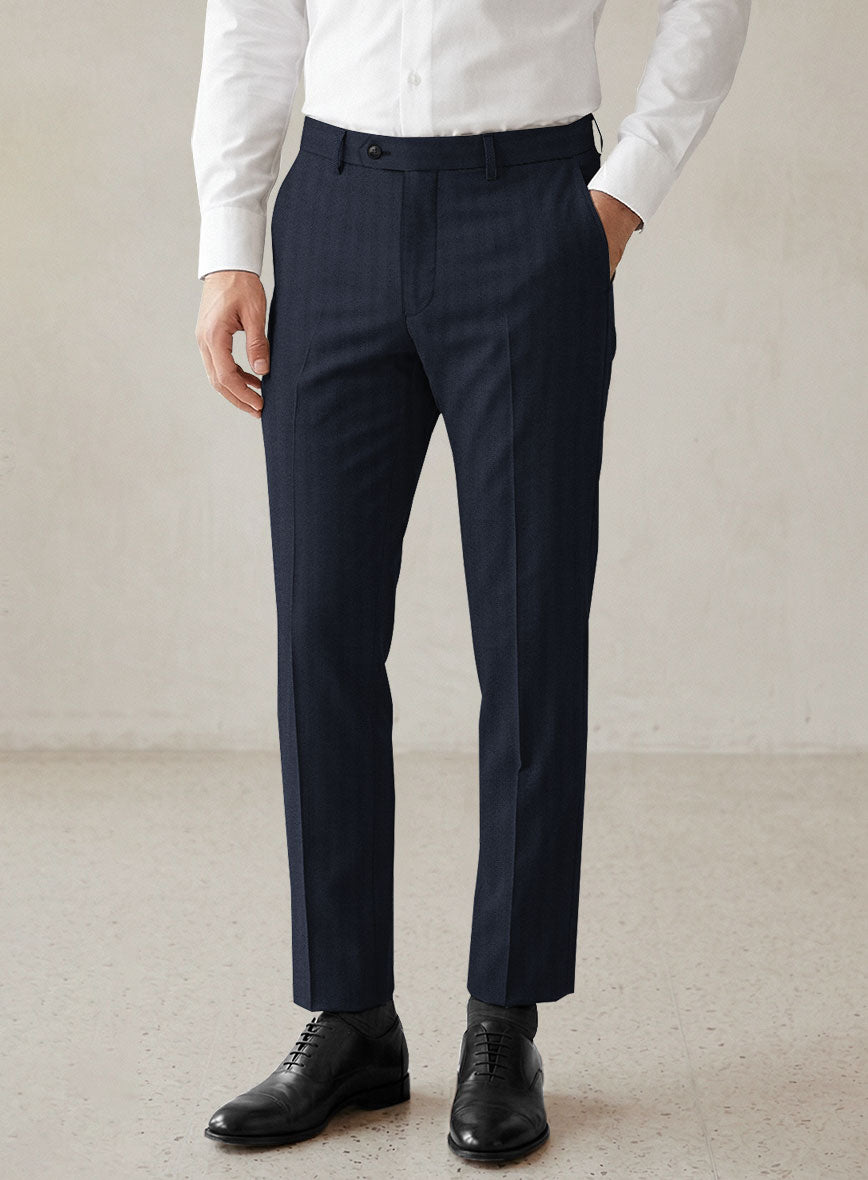 Scabal Somaz Herringbone Blue Wool Pants - StudioSuits
