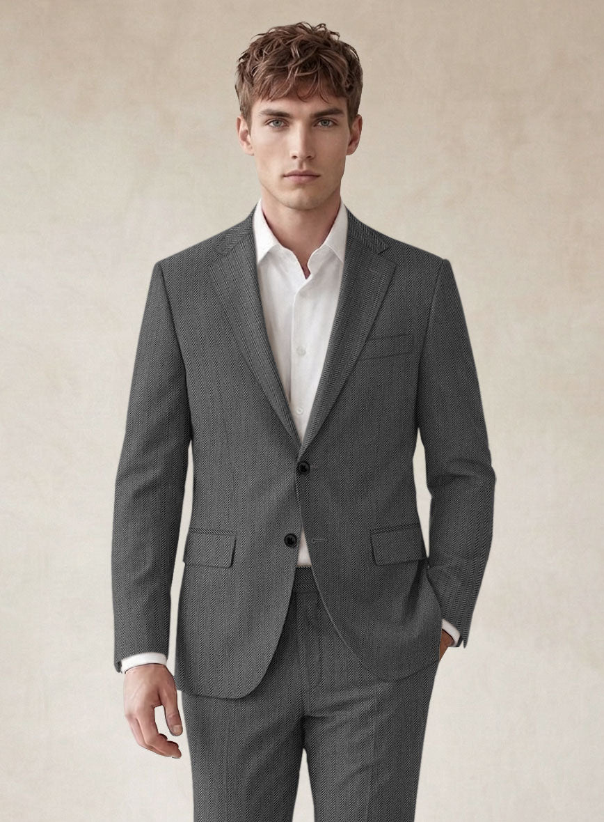 Scabal Tornado Herringbone Gray Wool Jacket - StudioSuits