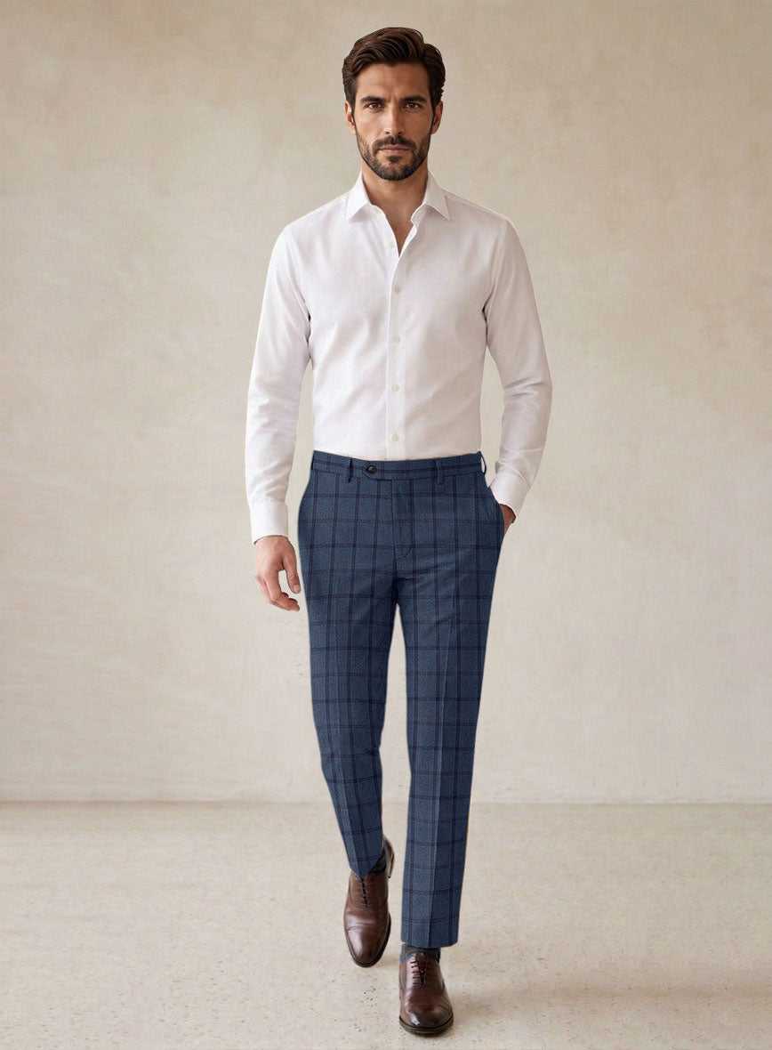 Scabal Tornado Windowpane Pacific Blue Wool Pants - StudioSuits