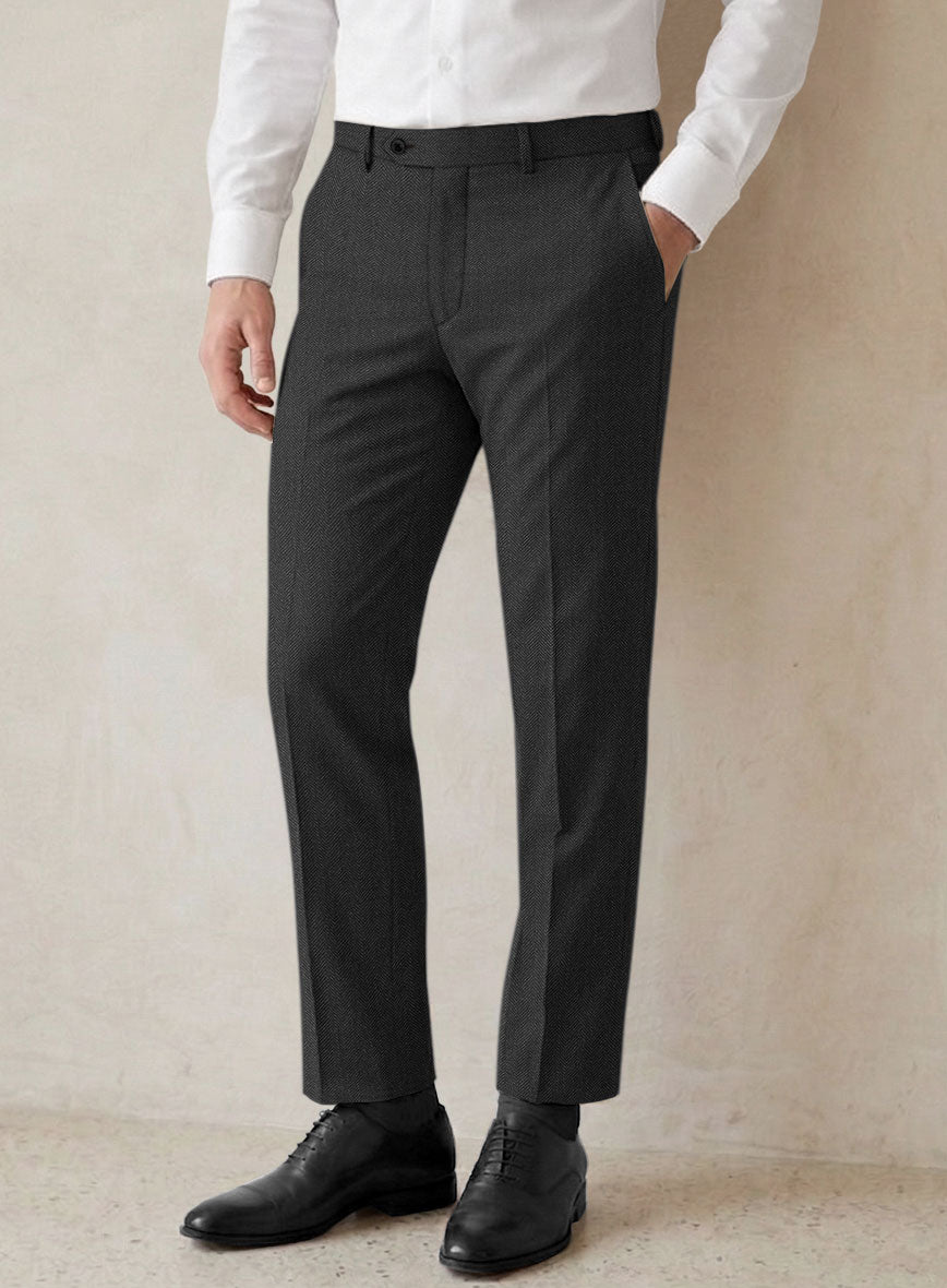 Scabal Ugeni Herringbone Charcoal Wool Pants - StudioSuits