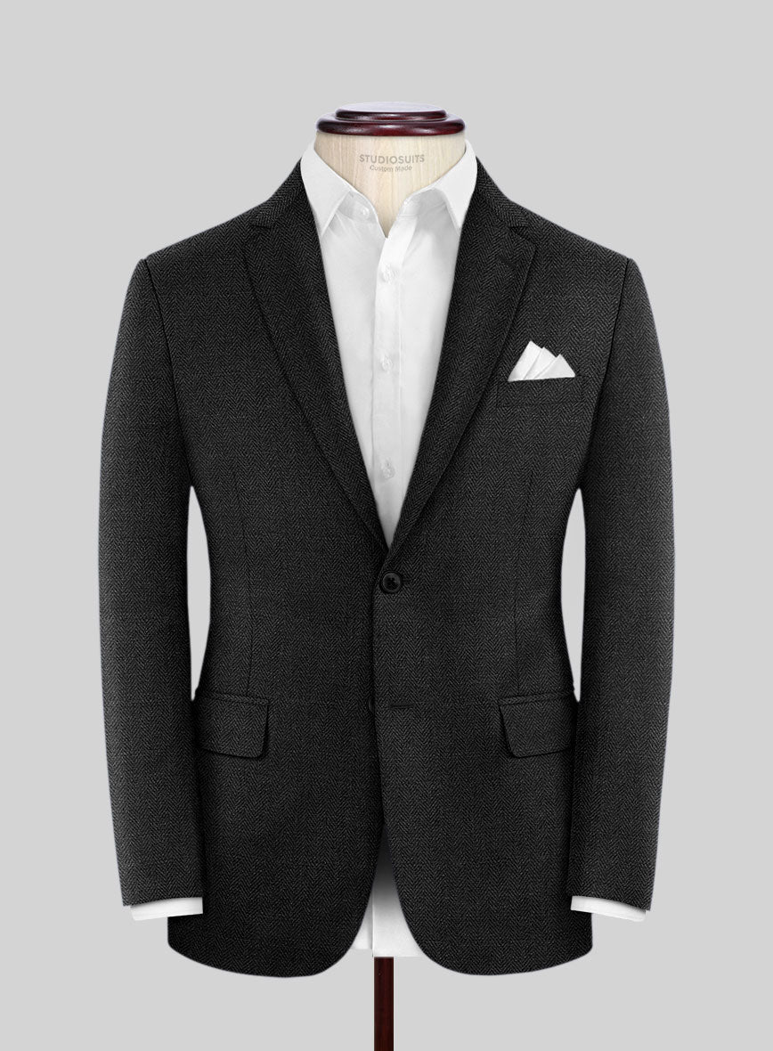 Scabal Charcoal Herringbone Wool Jacket - StudioSuits