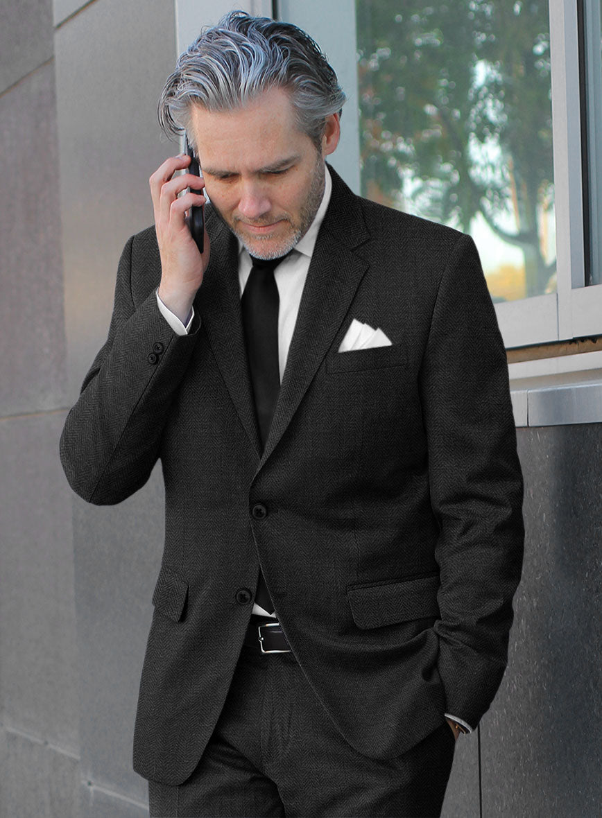 Scabal Charcoal Herringbone Wool Jacket - StudioSuits