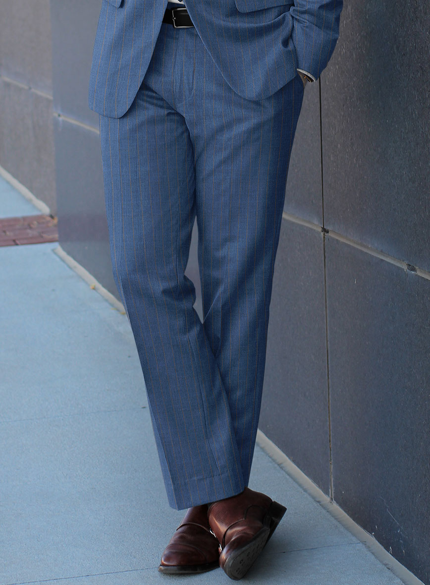 Scabal Cosmopolitan Stripe Flat Blue Wool Pants - StudioSuits