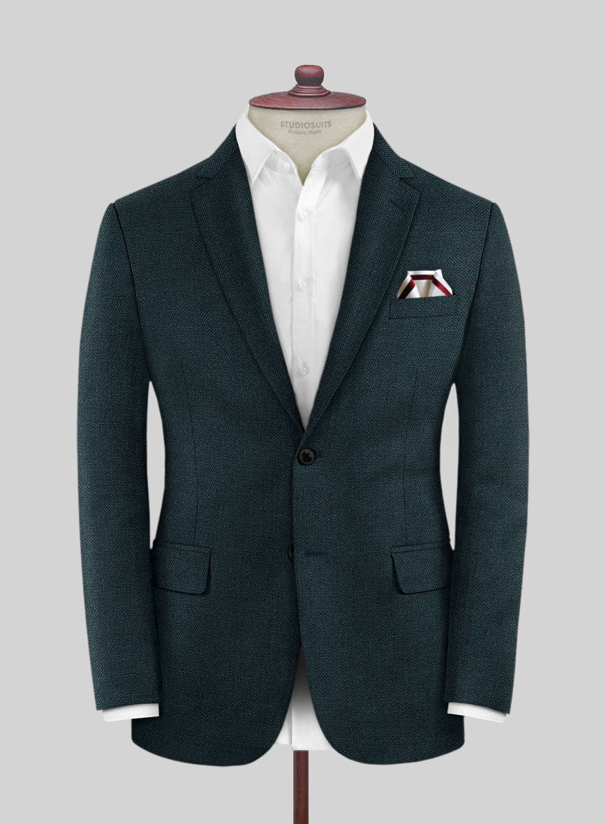 Scabal Dark Teal Herringbone Wool Jacket - StudioSuits