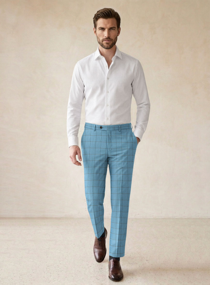 Scabal Londoner Windowpane Blue Wool Pants - StudioSuits