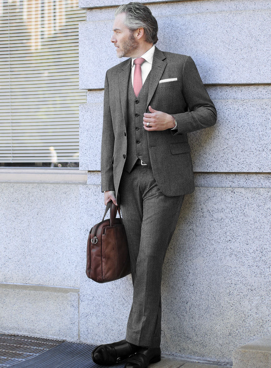 Scabal Sapphire Herringbone Gray Wool Suit - StudioSuits