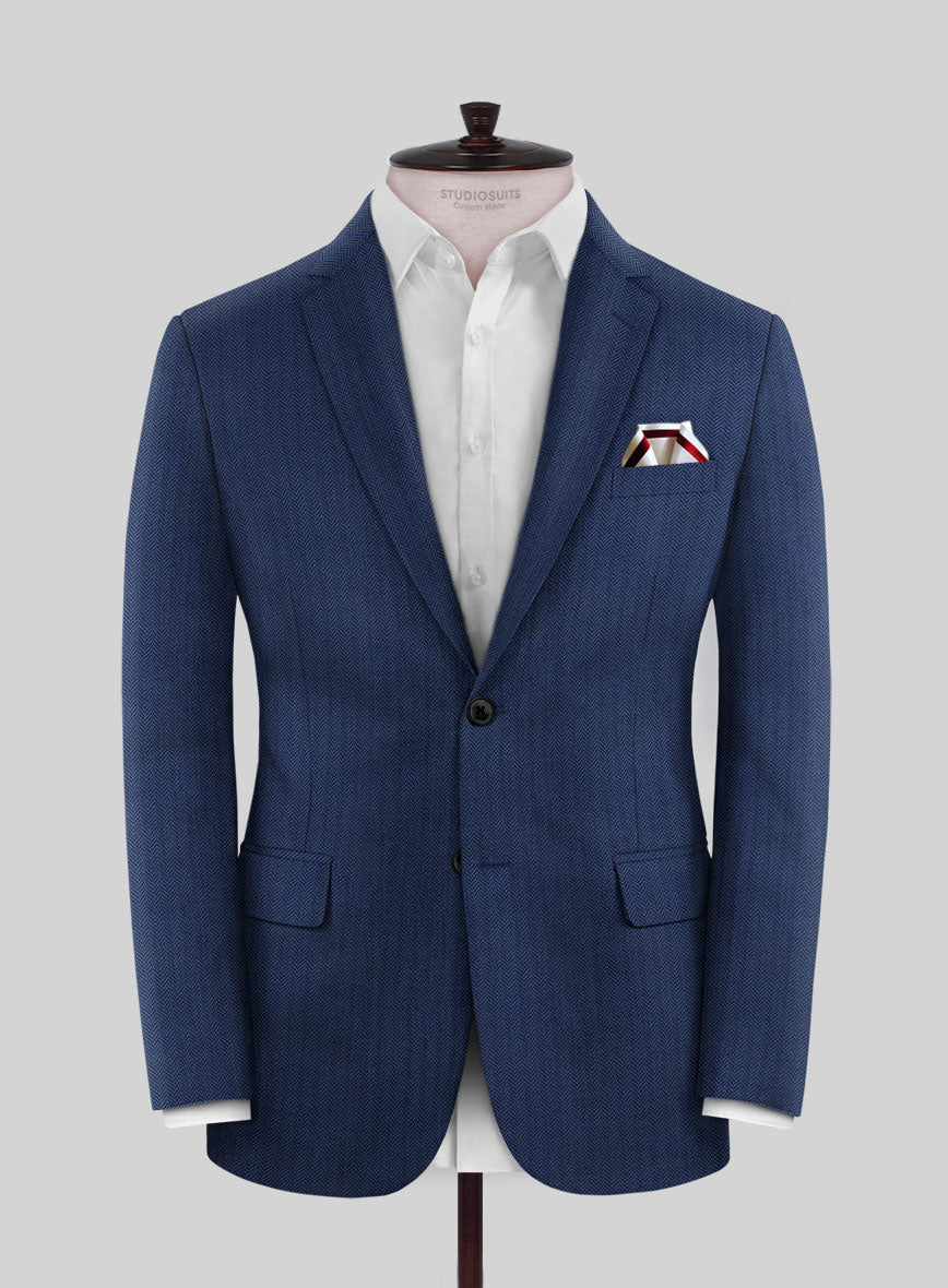 Scabal Tornado Herringbone Blue Wool Jacket - StudioSuits