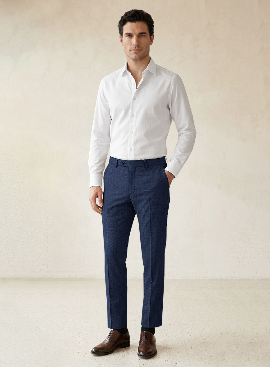 Scabal Tornado Herringbone Blue Wool Pants - StudioSuits
