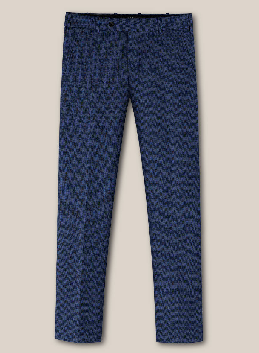 Scabal Tornado Herringbone Blue Wool Pants - StudioSuits