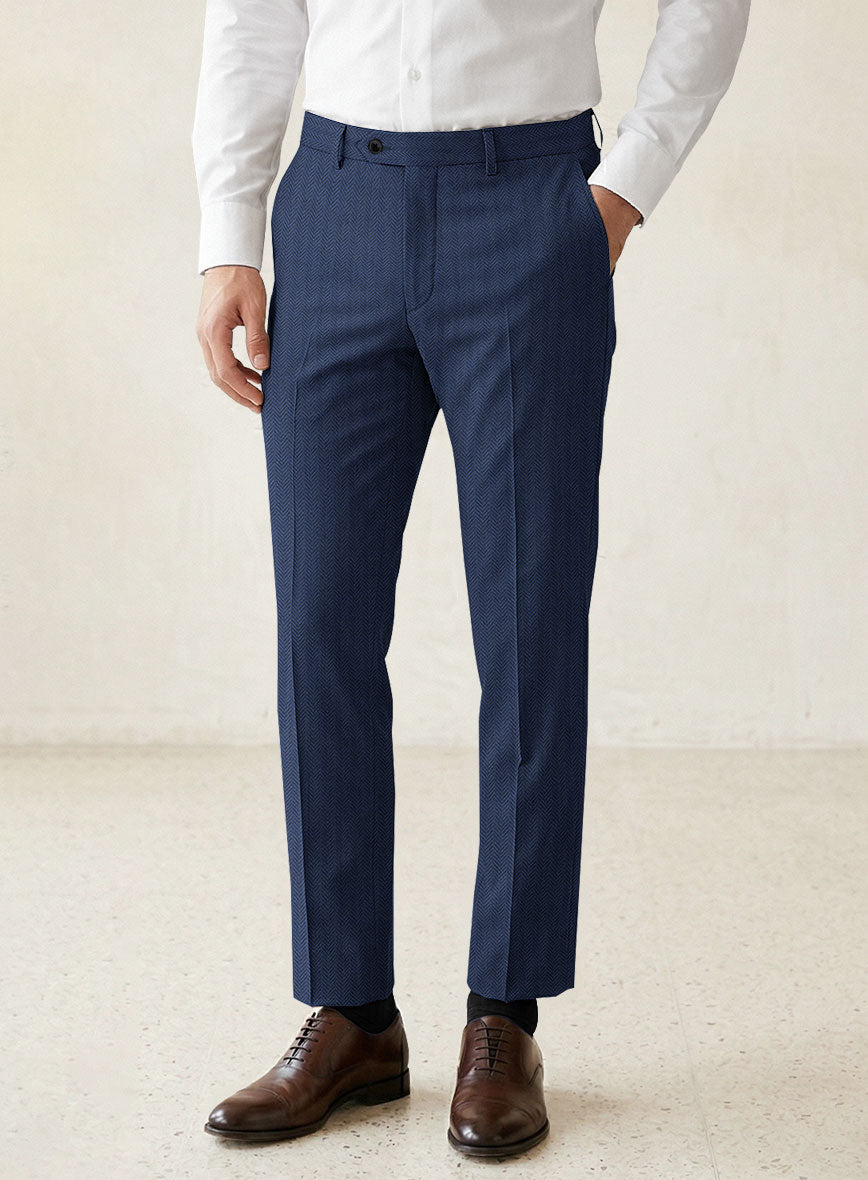 Scabal Tornado Herringbone Blue Wool Pants - StudioSuits