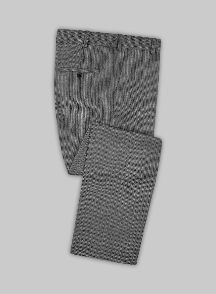 Scabal Tornado Herringbone Gray Wool Pants - StudioSuits