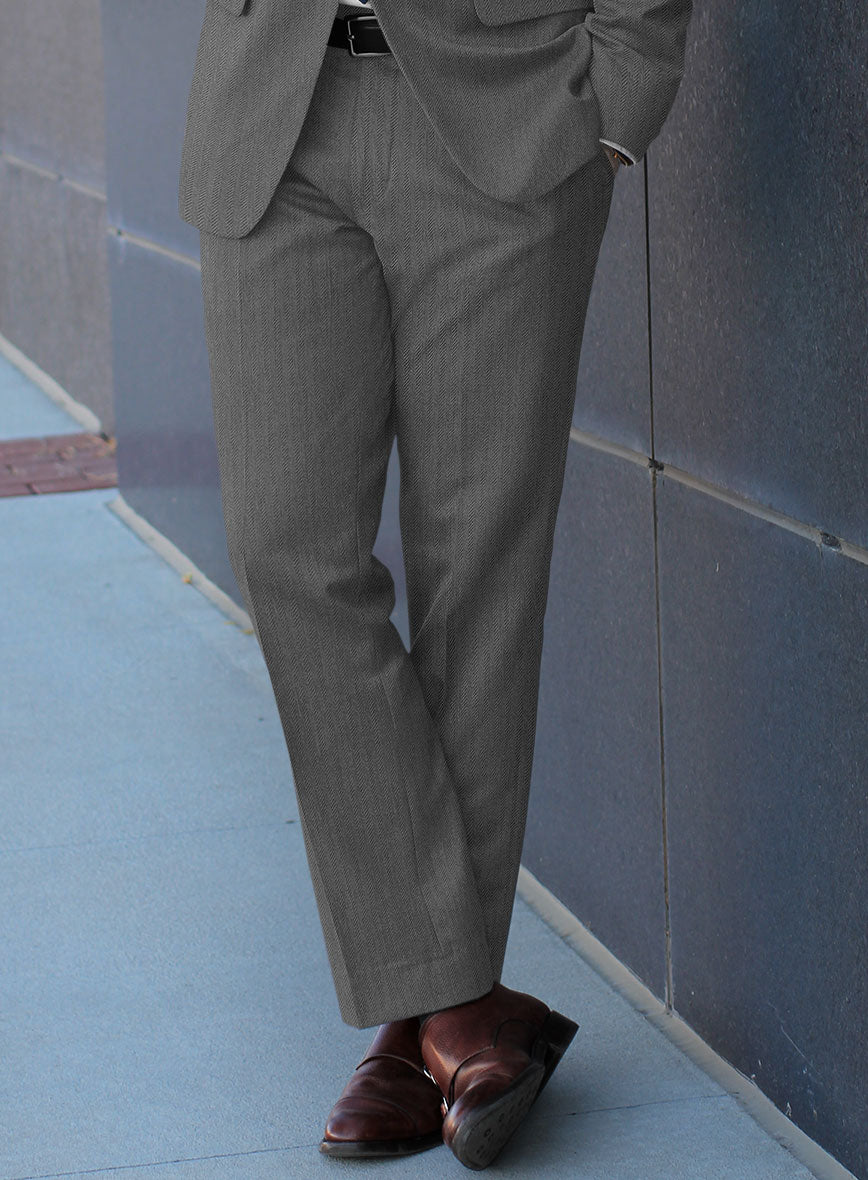 Scabal Tornado Herringbone Gray Wool Pants - StudioSuits