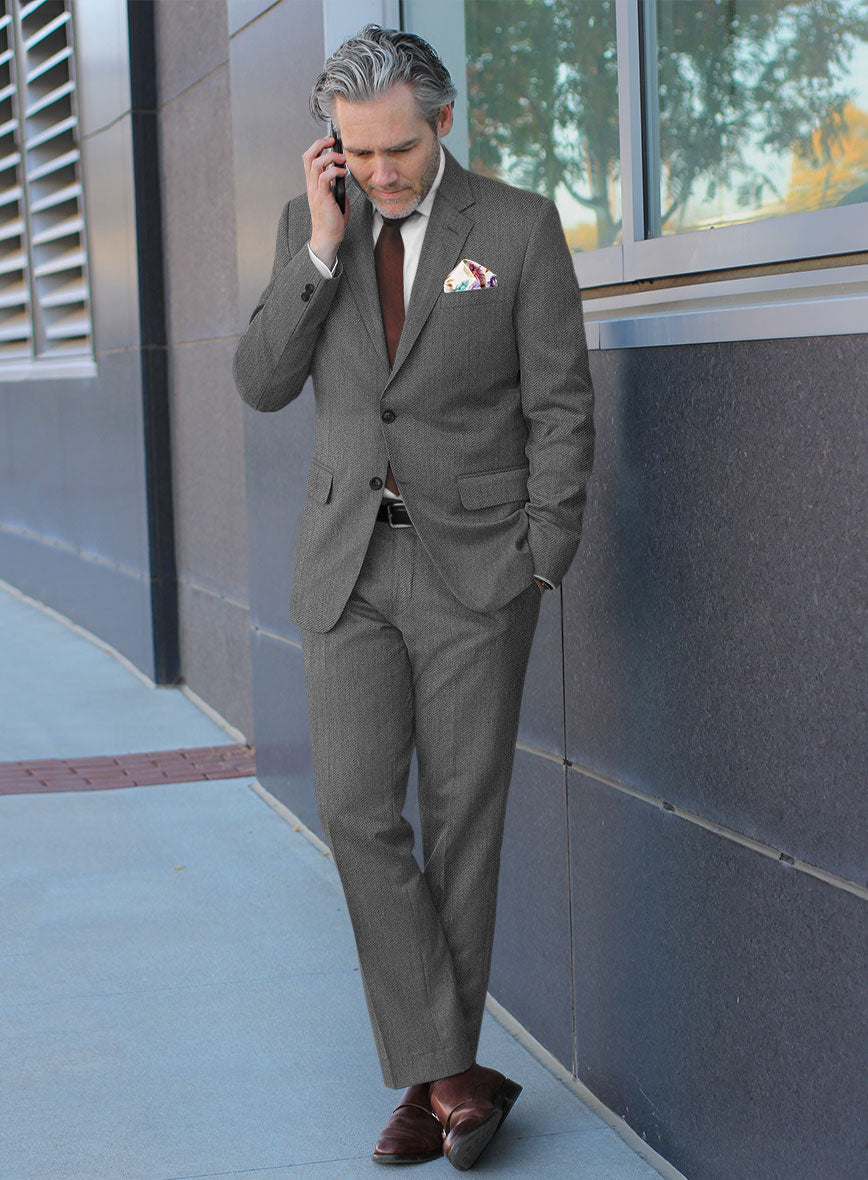 Scabal Tornado Herringbone Gray Wool Suit - StudioSuits