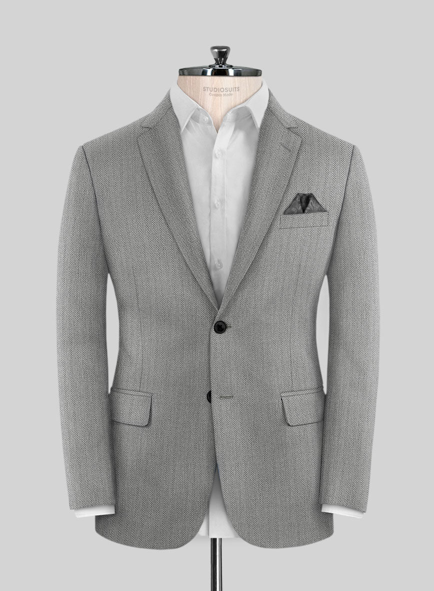 Scabal Tornado Herringbone Light Gray Wool Jacket - StudioSuits