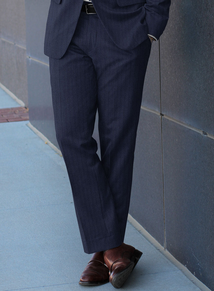 Scabal Tornado Herringbone Navy Blue Wool Pants - StudioSuits