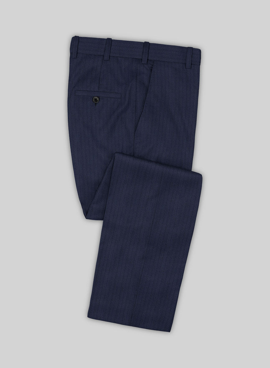 Scabal Tornado Herringbone Navy Blue Wool Pants - StudioSuits