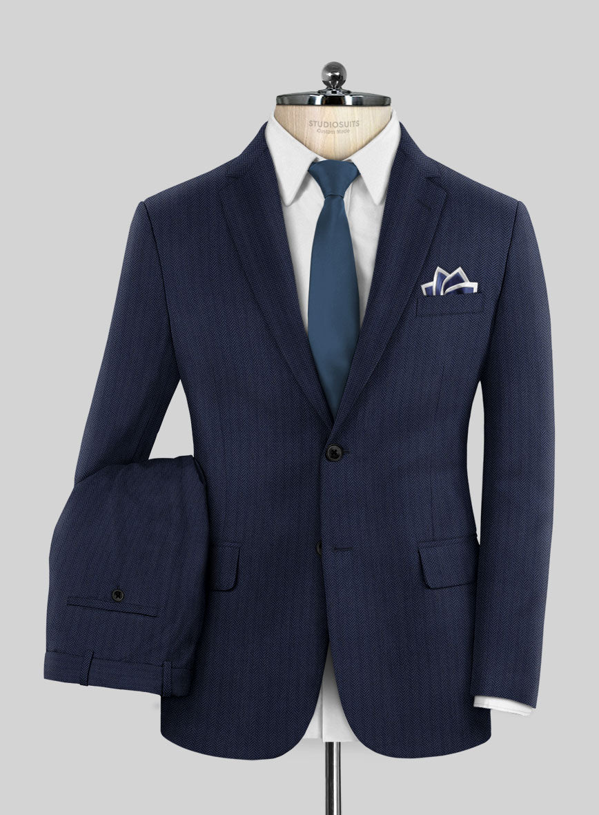 Scabal Tornado Herringbone Navy Blue Wool Suit - StudioSuits