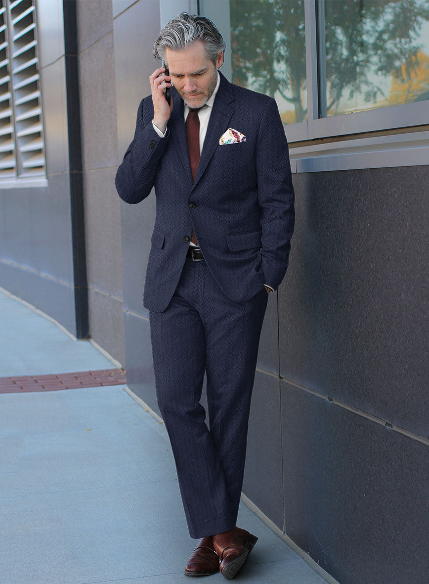 Scabal Tornado Herringbone Navy Blue Wool Suit - StudioSuits