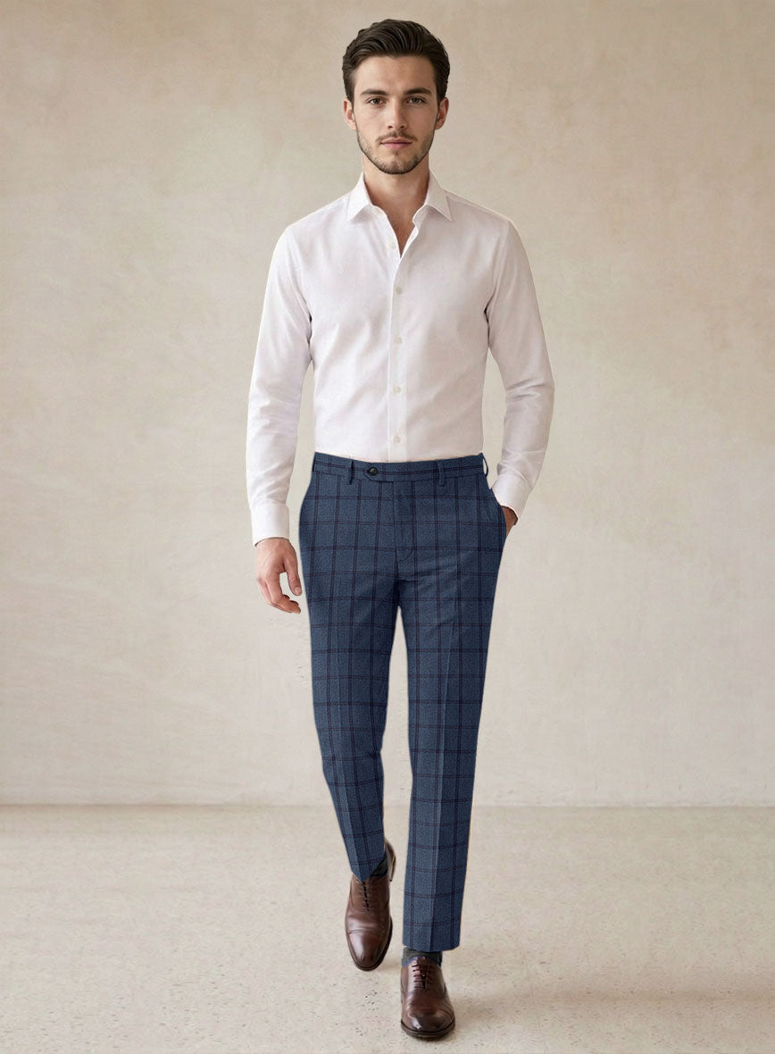 Scabal Tornado Windowpane Pacific Blue Wool Pants - StudioSuits