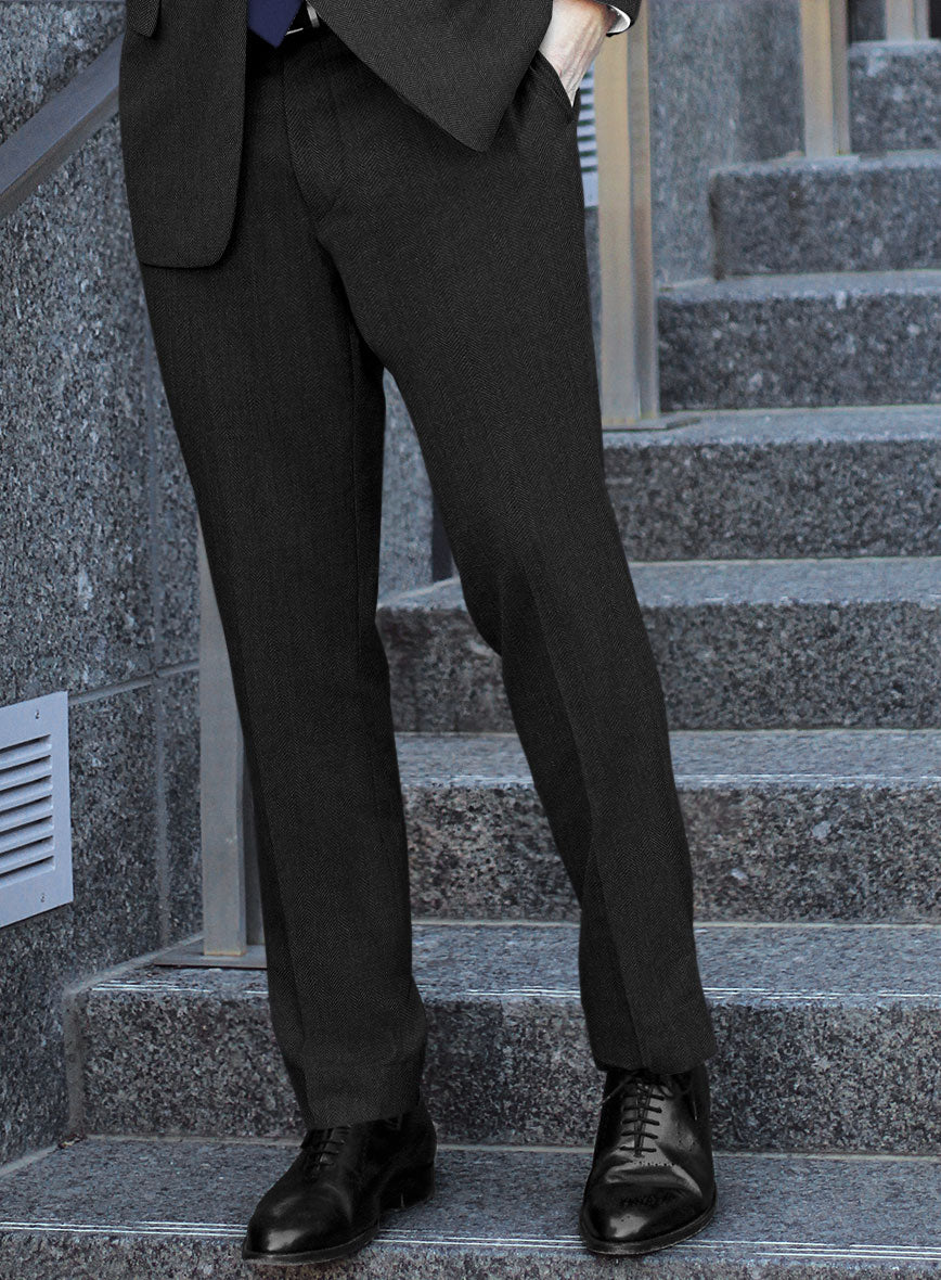 Scabal Ugeni Herringbone Charcoal Wool Pants - StudioSuits