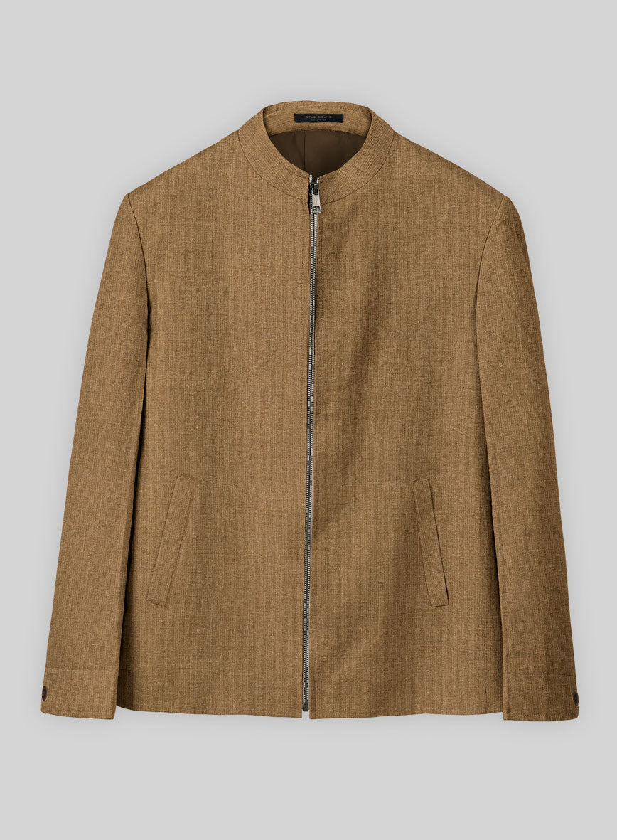 Sepia Brown Linen Zipper Jacket - StudioSuits