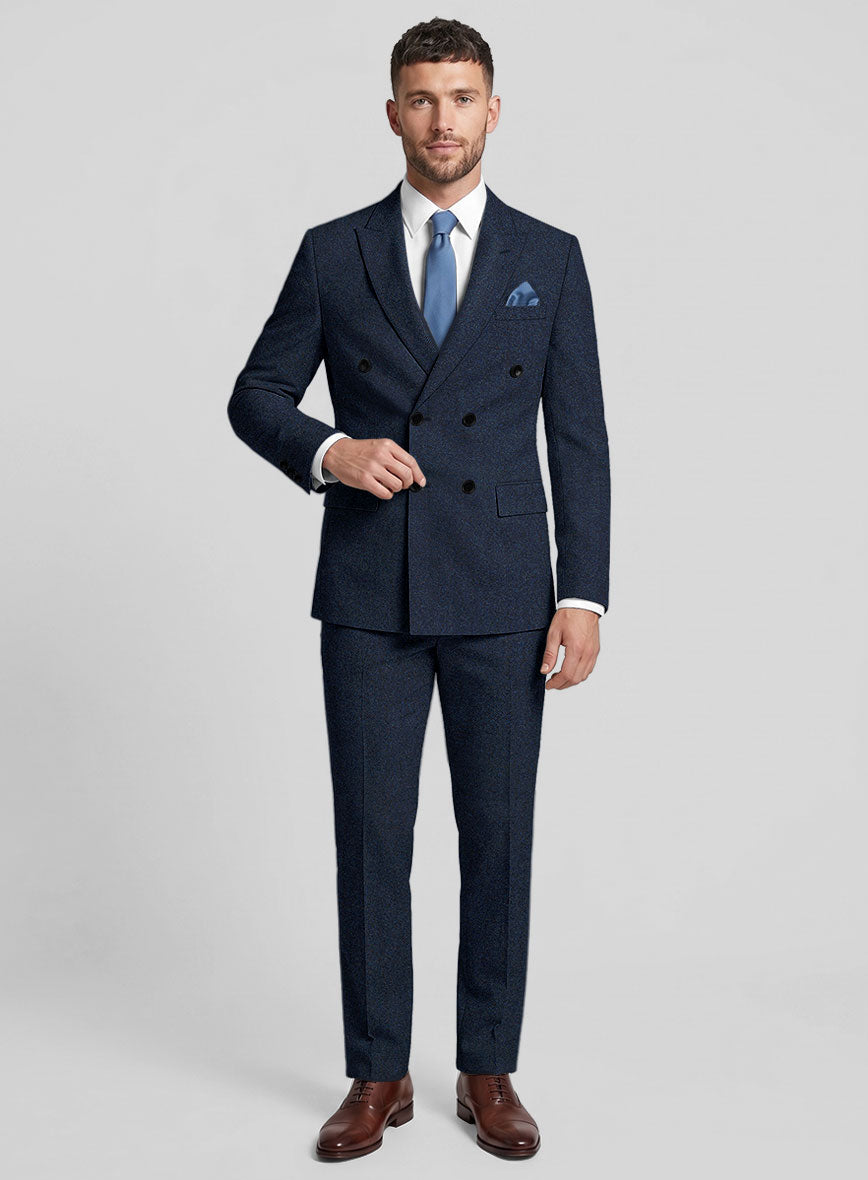 Showman Blue Herringbone Tweed Double Breasted Suit - StudioSuits