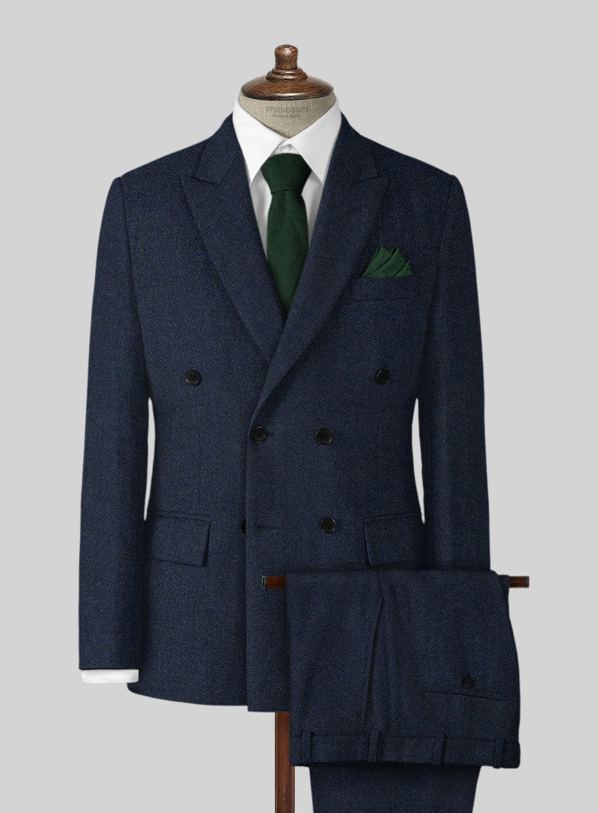 Showman Blue Herringbone Tweed Double Breasted Suit - StudioSuits