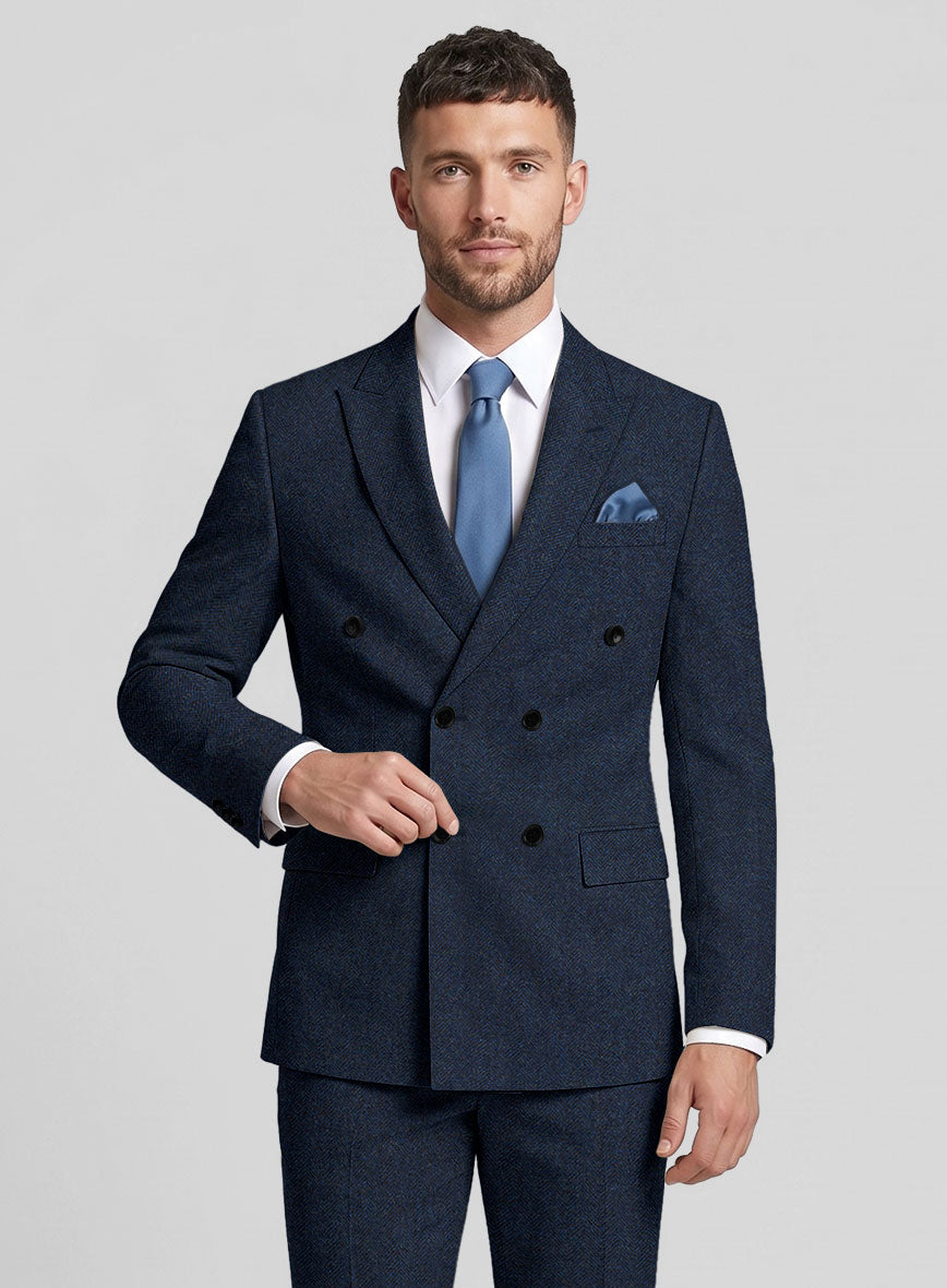 Showman Blue Herringbone Tweed Double Breasted Jacket - StudioSuits