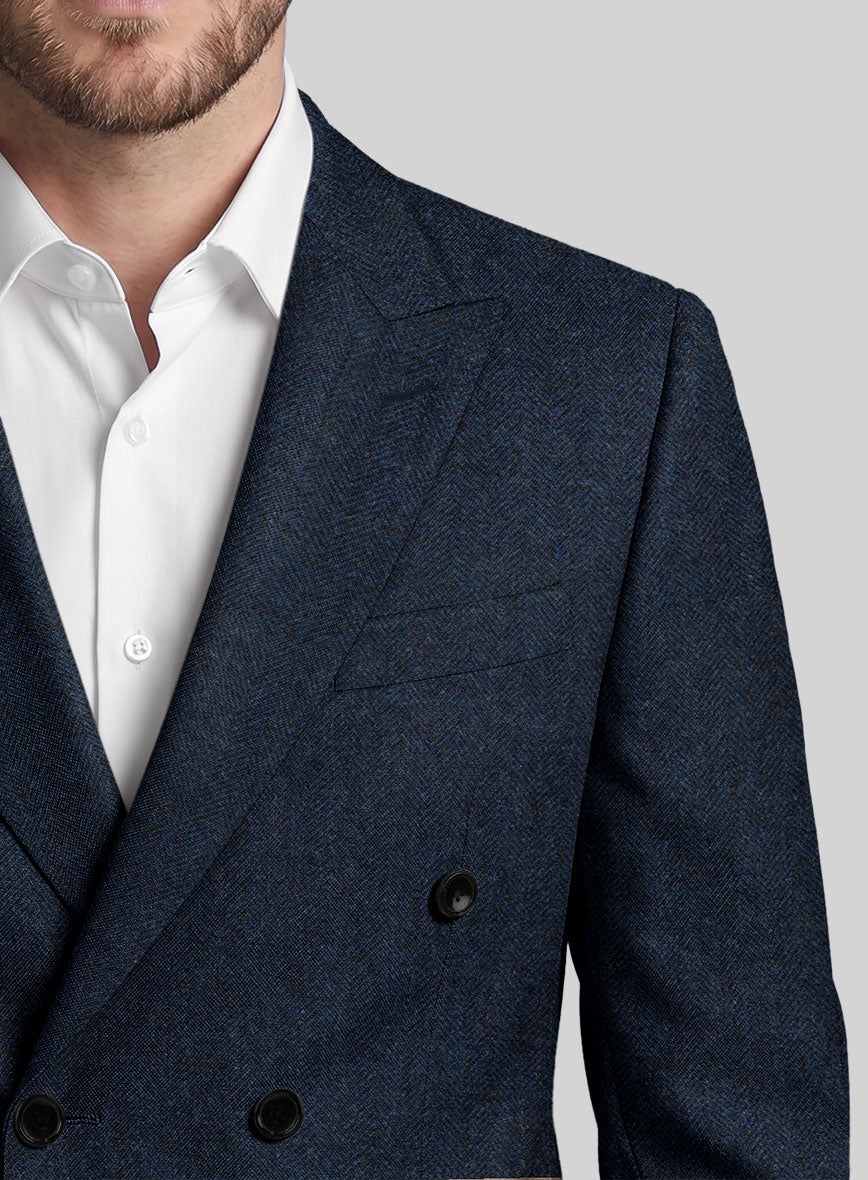 Showman Blue Herringbone Tweed Double Breasted Jacket - StudioSuits