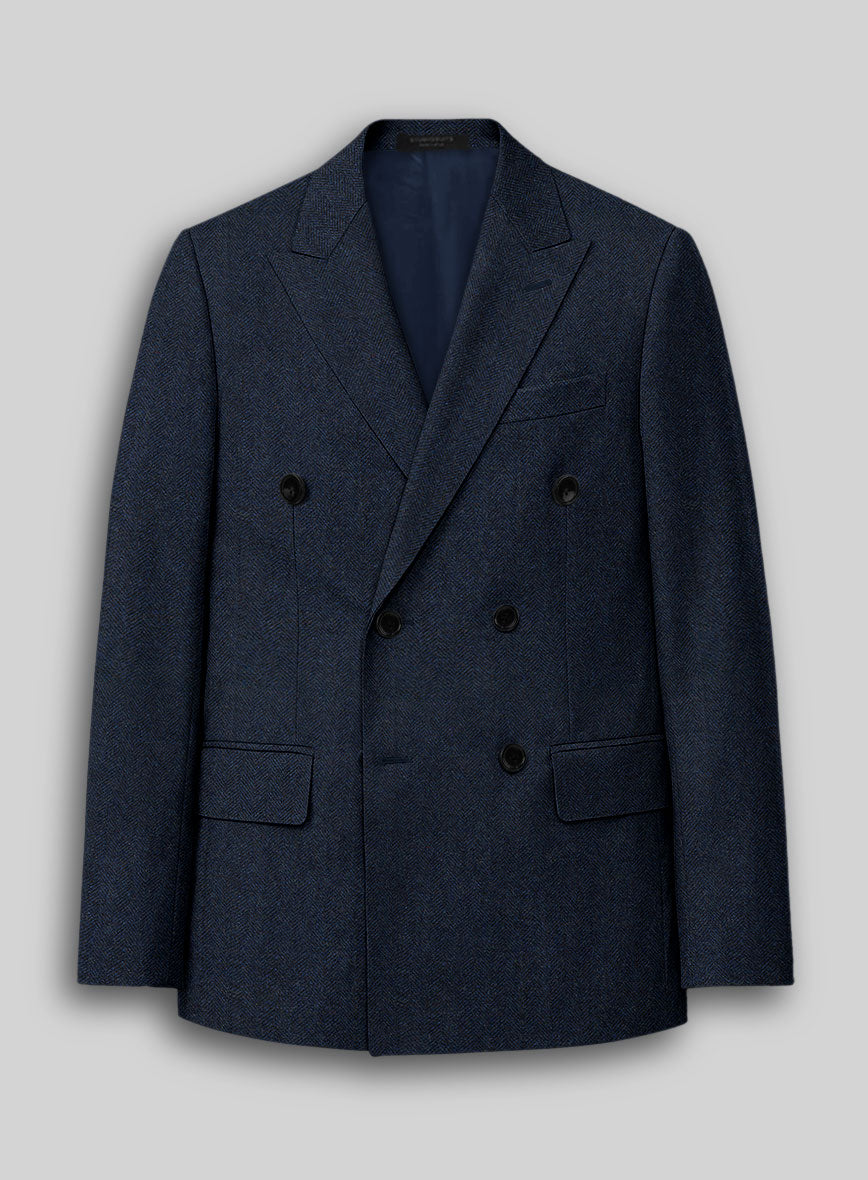 Showman Blue Herringbone Tweed Double Breasted Jacket - StudioSuits