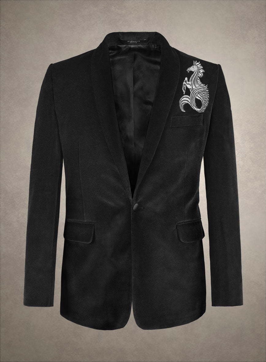 Silver Seahorse Embroidery Velvet Blazer - StudioSuits