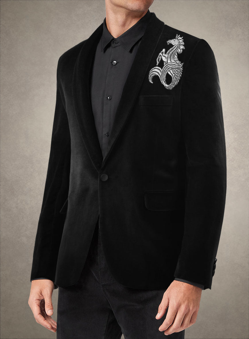 Silver Seahorse Embroidery Velvet Blazer - StudioSuits