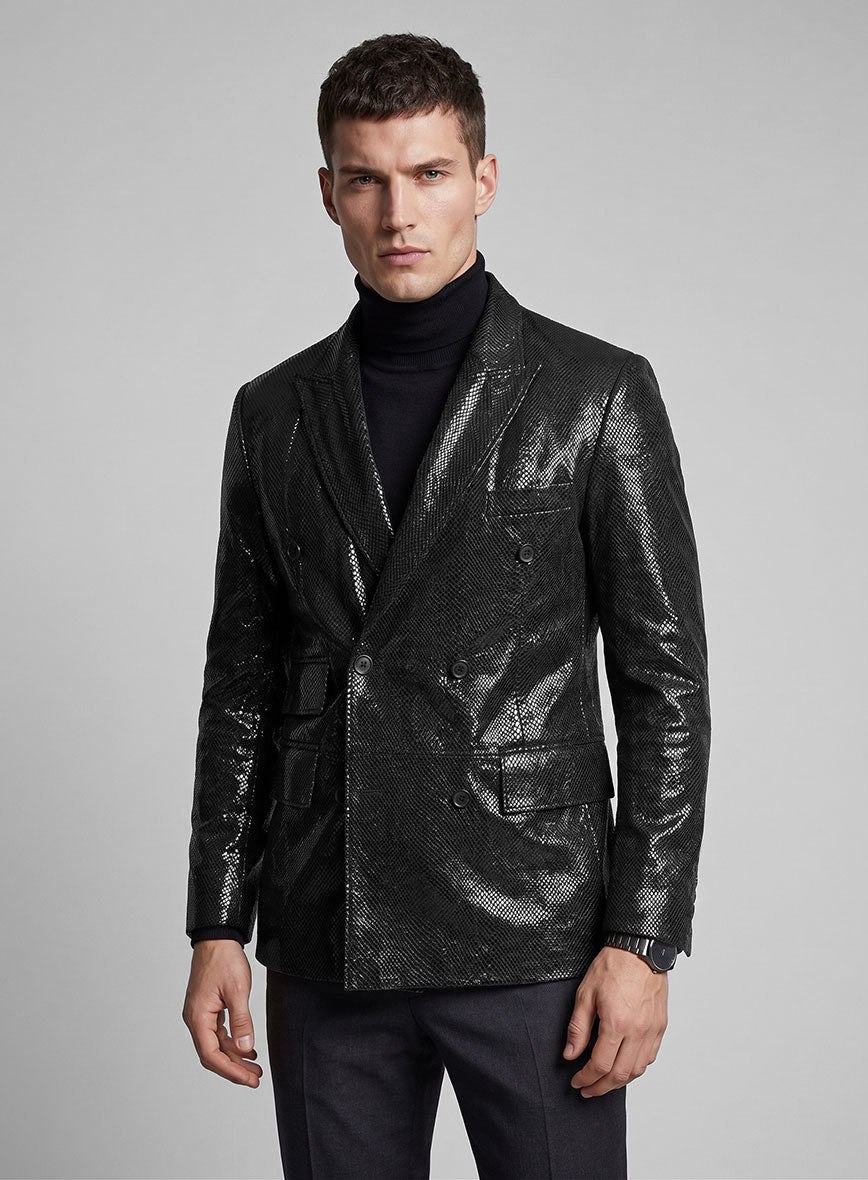 Snake Emboss Black Leather Blazer - StudioSuits