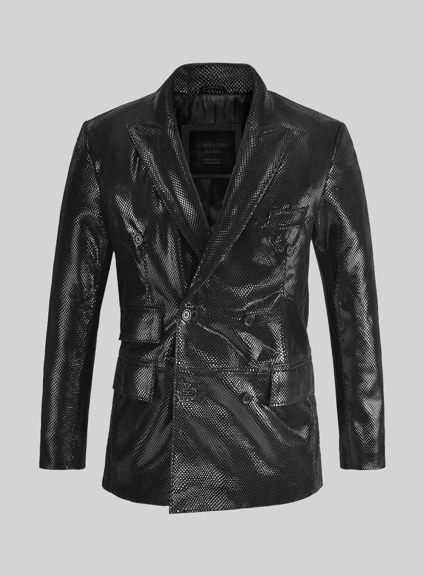 Snake Emboss Black Leather Blazer - StudioSuits