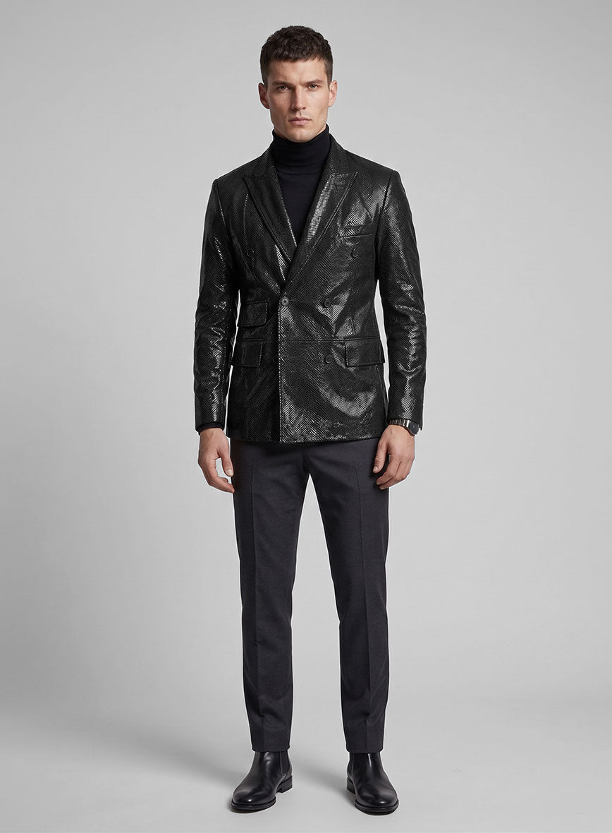 Snake Emboss Black Leather Blazer - StudioSuits
