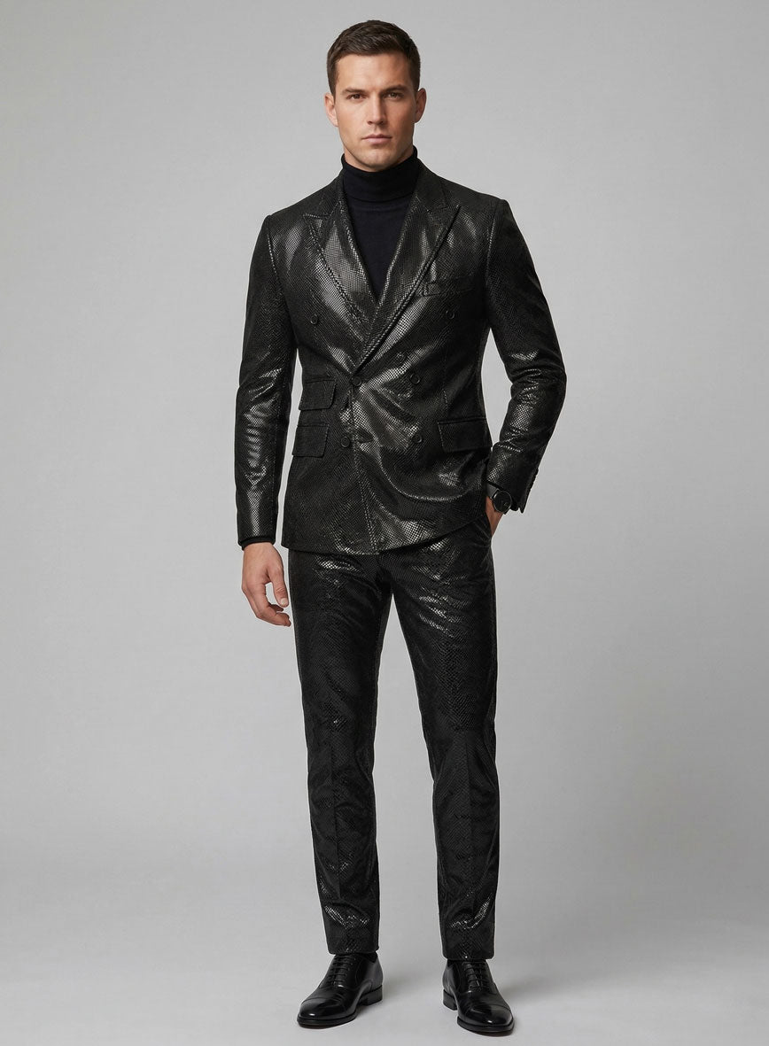 Snake Embossed Black Double Breasted Leather Suit - StudioSuits