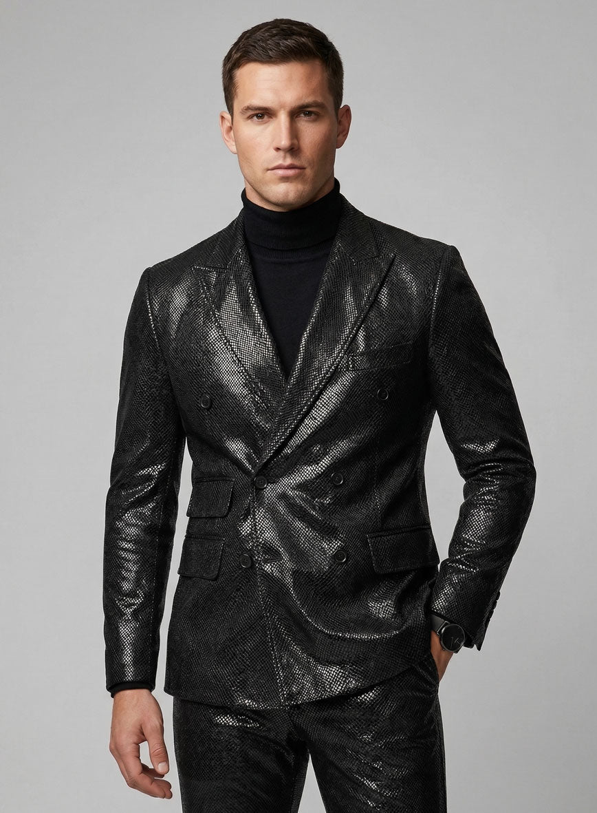 Snake Embossed Black Double Breasted Leather Suit - StudioSuits