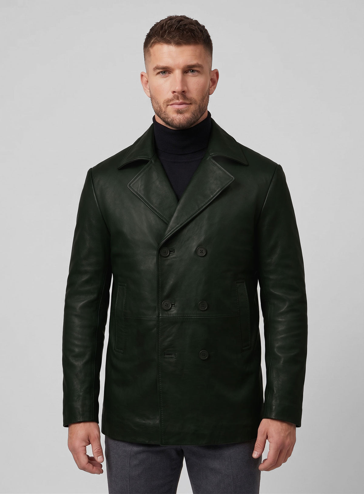 Soft Deep Olive Leather Pea Coat - StudioSuits